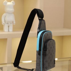 Alternative view of This Avenue mini shoulder bag features Monogram Eclipse coated canvas, exploring the trend of crossbody styling through its refined silhouette. The main compartment's interior pocket ensures secure storage, while the zippered exterior pocket offers easy access to everyday essentials. A triangular zippered pocket is positioned where the shoulder strap meets the bag. Dimensions: 16 × 33 × 5.7 cm